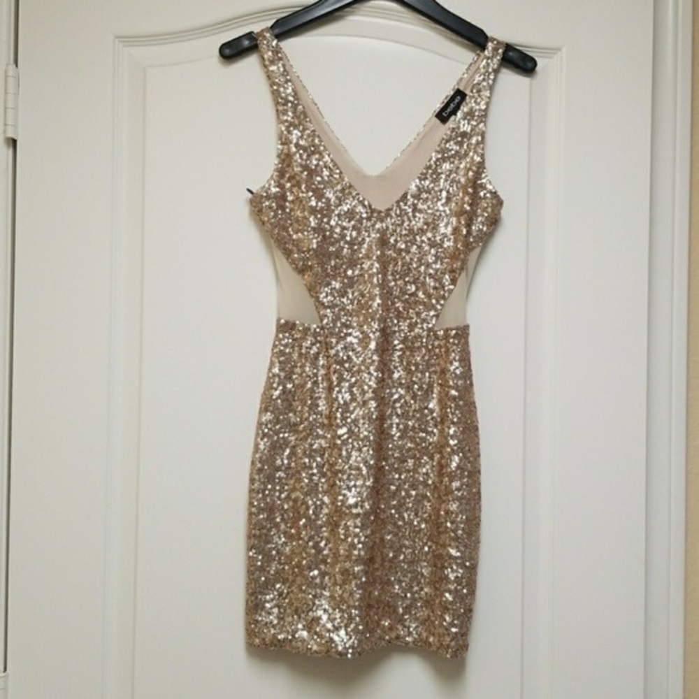 Bebe Sparkle Shine Sequin Cutout Dress in Matte Rose Gold